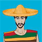 Beautiful retro portrait of a mexican with hat and poncho over a blue sky background