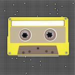 Retro music cassette, pixel art composition with black background and yellow object