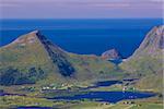 Aerial panorama of green Lofoten islands in Norway during summer