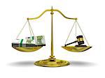Concept of profits versus justice, with golden scale isolated on white background