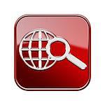 globe and magnifier icon glossy red, isolated on white background