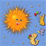 Mouse, Rabbit and Puppy are greeting a smiling Sun. Hand drawing greeting card illustration