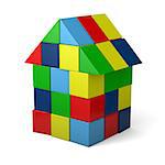 Colorful house made of wooden cubes isolated on white background