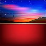 abstract nature illustration with sunrise in mountains and red background