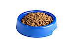 dry cat food in blue bowl isolated on white