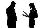 one caucasian couple man and woman expressing domestic violence in studio silhouette isolated on white background i