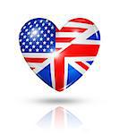 Love USA and UK symbol. 3D heart flag icon isolated on white with clipping path