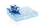 Blue christmas gift box with ribbon and bow. Isolated on white background