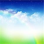 Cloudy blue sky with rainbow, rain and green field abstract background