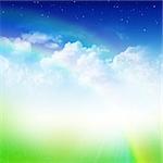 Cloudy blue sky with stars, double rainbow, rain and green field abstract background