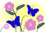 Two blue butterflies flying among the purple flowers.