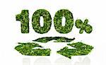 a view of a recycling symbol with the writing "100%" behind it, all of them covered by grass and flowers, lie on a white background