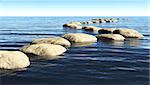 a path made of stones that stay above the surface of deep water, winds toward a unknown destination in a sunny day