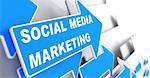 Social Media Marketing.  Business Concept. Blue Arrow with "Social Media Marketing" slogan on a grey background. 3D Render.