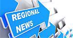Regional News - Information Concept. Blue Arrow with "Regional News" slogan on a grey background. 3D Render.