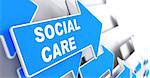 Social Care - Social Concept. Blue Arrow with "Social Care" slogan on a grey background. 3D Render.