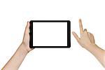 female teen hand holding generic tablet pc with white screen, isolated