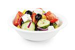 fresh greek salad in white bowl, isolated on white