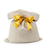 sack gift bag with ribbon bow, isolated on white