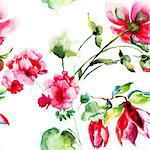 Seamless wallpaper with Geranium and Peony flowers, watercolor illustration