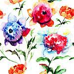 Seamless pattern with Beautiful Peony flowers, Watercolor painting