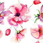 Seamless pattern Beautiful Poppy flowers, Watercolor painting