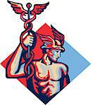 Illustration of Roman god Mercury patron god of financial gain,commerce, communication and travelers wearing winged hat and holding caduceus a herald's staff with two entwined snakes set inside diamond shape retro style.