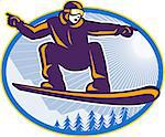 Illustration of a snowboarding spin jumping on snowboard pointing set inside oval with alpine trees in background.