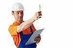 Builder in helmets on a white background