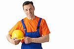 Builder with helmets on a white background