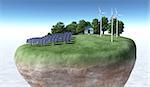 view of a top portion of a rocky and circular terrain where a small house is placed on top of a grassy hill and has rows of solar panels on the left, wind generators on the right and some trees behind them, all on a background desert and a blue sky