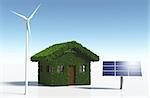 a small house covered by grass on the walls and on the roof, has solar panels placed on one side and a white wind generator on the other side, on a white background and a blue sky