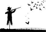 Editable vector silhouette of a scarecrow shooting pigeons with a shotgun