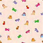 Seamless vector pattern of colorful cartoon toys. Pink background with butterflies can be used as a separate seamless pattern