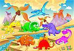 Dinosaurs rainbow in landscape. Funny cartoon and vector illustration