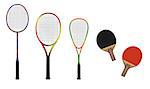 Badminton, tennis, squash and table tennis equipment color vector illustration
