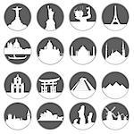 gray buttons with white silhouettes of famous places in the world on a white background