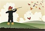 Editable vector illustration of a scarecrow shooting pigeons with a shotgun