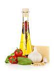Olive oil, cherry tomatoes, basil, garlic and parmesan. Isolated on white background
