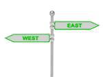 Signs with green "WEST" and "EAST" pointing in opposite directions, Isolated on white background, 3d rendering