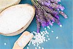 Lavender flowers  spa threatment - fresh flowers and aromatic salt on a  table