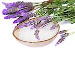 Lavender  flowers and aromatic sea salt isolated on white background