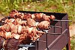 Kebabs grilled on metal skewers outdoors in summertime