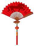 2014 Chinese New Year of the Horse on Red Chinese Paper Fan with Tassel Jade Beads and Sign with Good Fortune Text Illustration