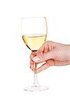 Glass of white wine in woman hand. Isolated on white background