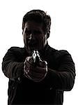 one man killer policeman aiming gun silhouette studio white background