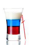 Shot cocktail collection: Russian Flag alcohol cocktail isolated on white background. Ingredients: 1 oz Grenadine, 1 oz Blue Curacao, 0.5 oz Vodka, 0.5 oz Baileys Irish Cream