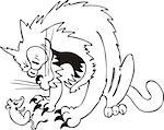 aggressive cat caught a mouse cartoon black and white vector illustration