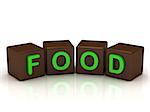 FOOD inscription bright green letters on the cubes of chocolate isolated on white background
