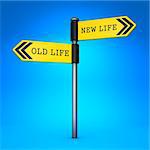 Yellow Two-Way Direction Sign with the Words Old Life and New Life on Blue Background. Concept of Choice.